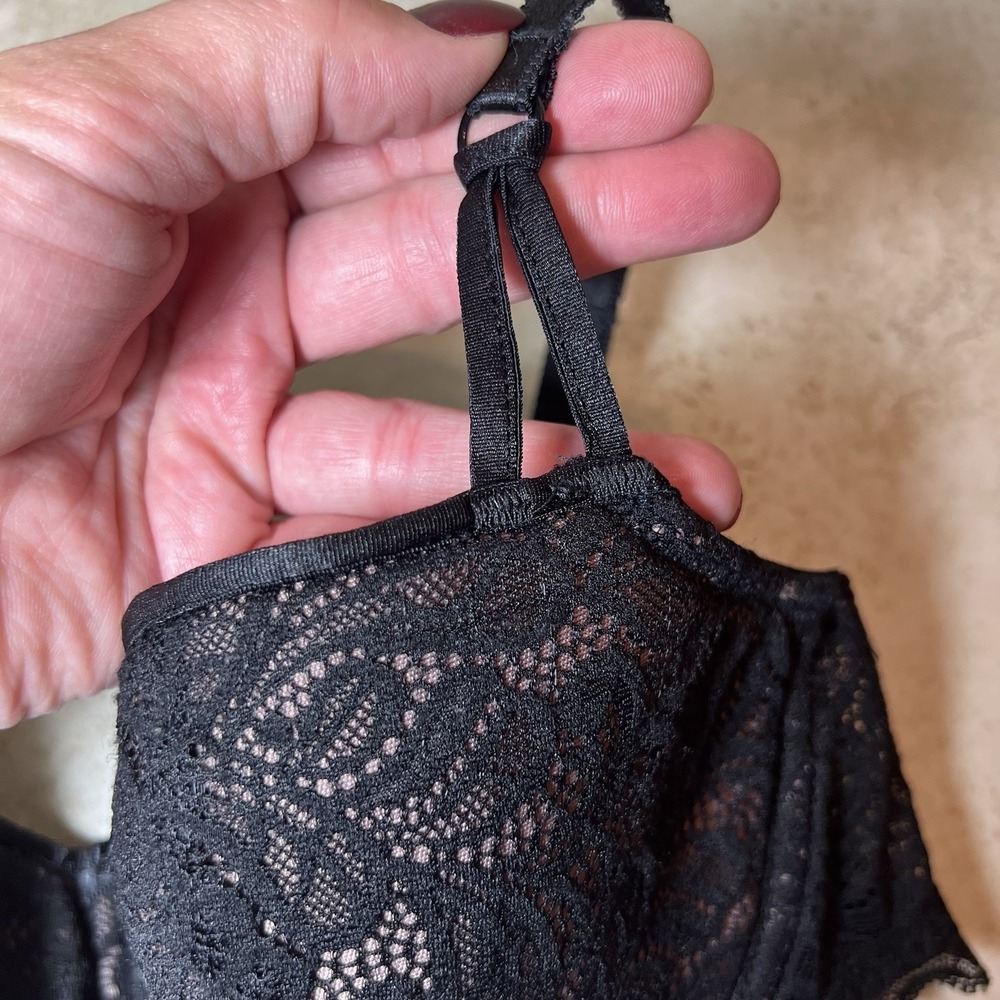 b.Tempted Wacoal Black Lace Bra 34C Floral Underwire Balconette Lined Bow Mesh - Picture 3 of 9